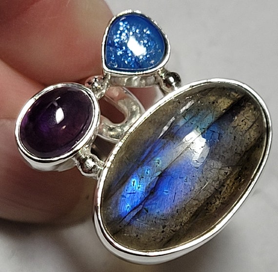 Labradorite Opal and Amethyst Sterling Silver Rin… - image 3