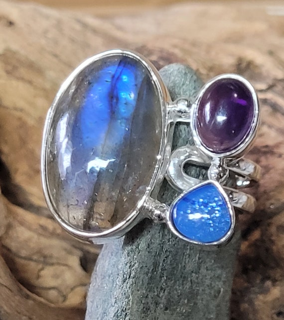Labradorite Opal and Amethyst Sterling Silver Rin… - image 1