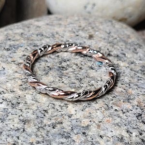 Thin Sterling Silver and Rose Gold Plated Twisted Stacking Ring Braid