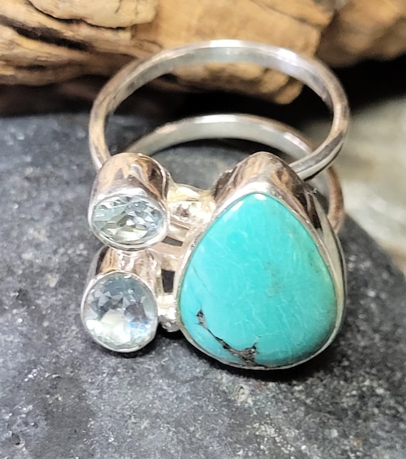 Genuine Turquoise and Blue Topaz Sterling Silver R