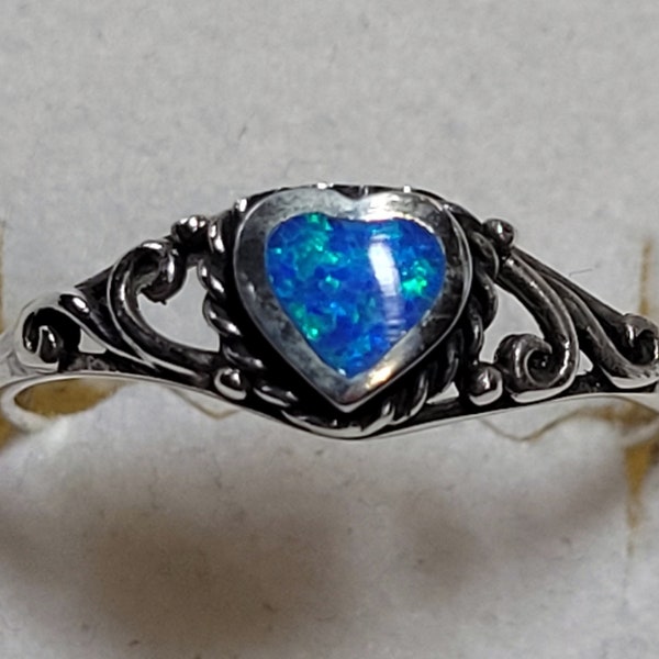 Blue Opal Filigree Heart Sterling Silver Ring New Vintage Wholesale