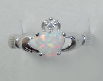 Infinity Celtic White Opal Heart Engagement Sterling Silver Ring Set 