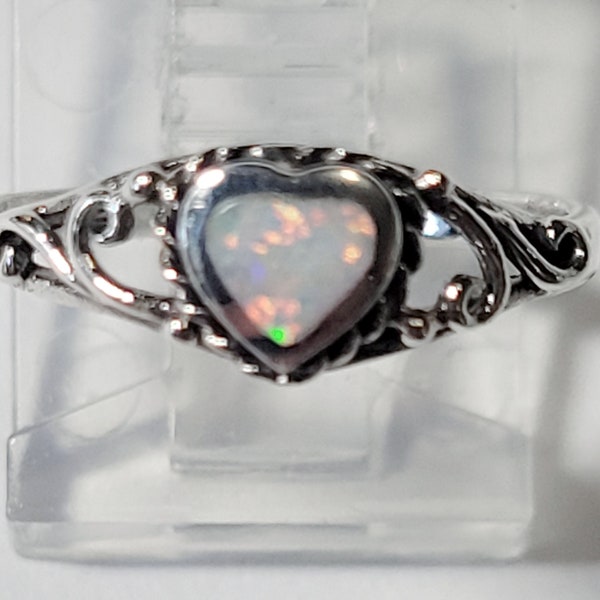 White Opal Filigree Heart Sterling Silver Ring New Vintage Wholesale