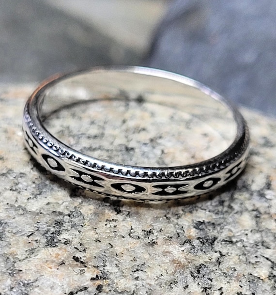 Thin Aztec Sterling Silver Stacking Ring  New Vin… - image 1