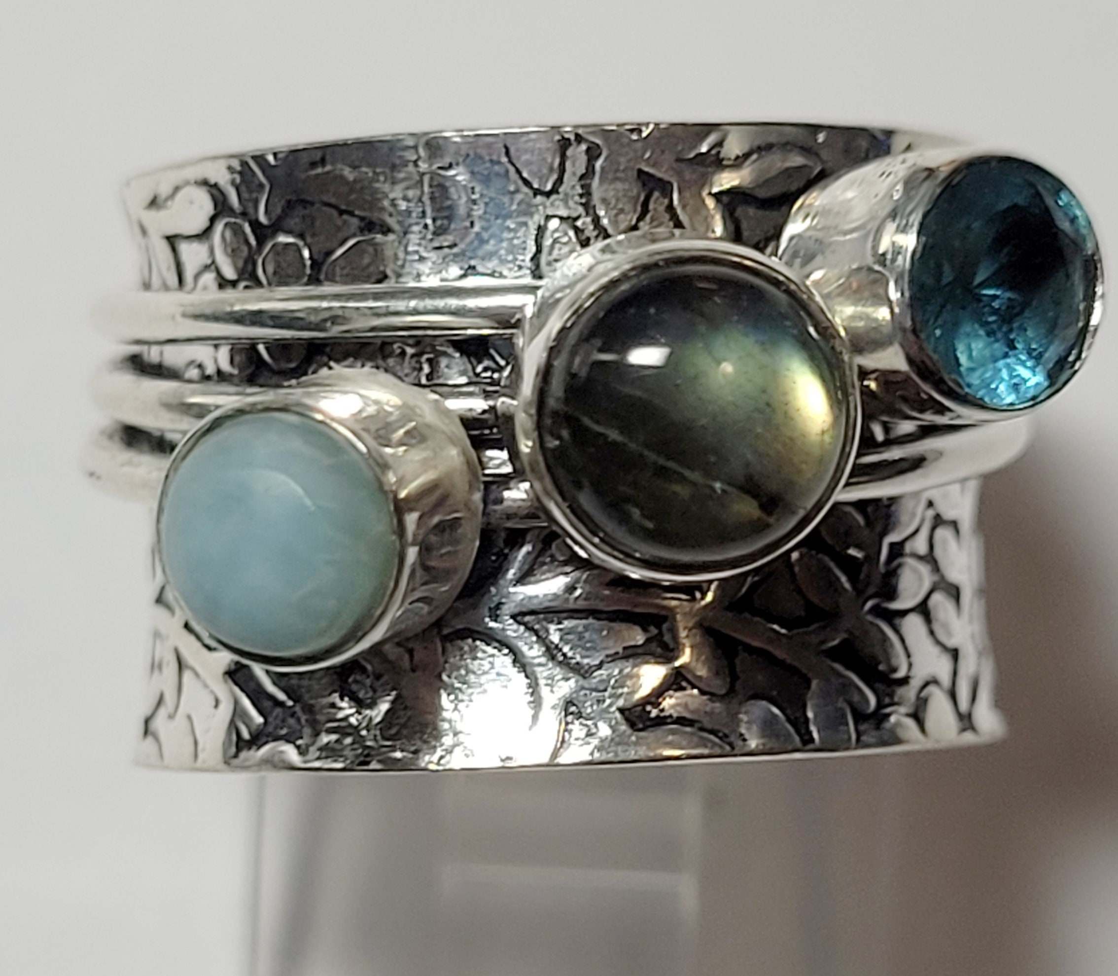 Size 7 to 12 Larimar, Labridorite, Blue Topaz, and Sterling Silver