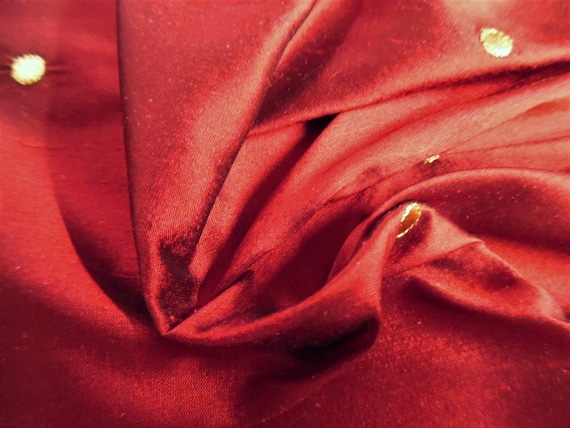 Embroidered Silk Taffeta~Gold Dots on Ruby Red~18"x27"~Doll Fabric
