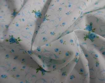 Vintage 1950's Cotton Lawn~Miniature Rose Print~Aqua Blue/White~12"x38"~Doll Fabric