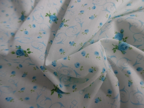 Vintage 1950's Cotton Lawn~Miniature Rose Print~Aqua Blue/White~12"x38"~Doll Fabric