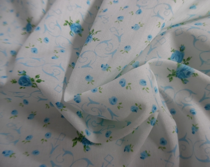 Vintage 1950's Cotton Lawn~Miniature Rose Print~Aqua Blue/White~12"x38"~Doll Fabric
