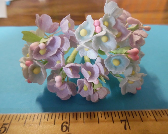 Tiny Old Fashioned Flocked Flowers~Lavender/Blue Combo~8 Stems~Great For Doll Hats!