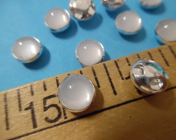 White Opal Flat Back Buttons~Silver Setting~8MM~Set of Ten~Doll Buttons