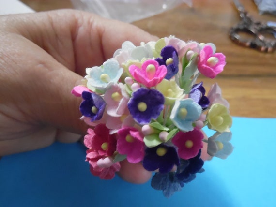 Tiny Old Fashioned Flocked Flowers~Multi Color Assortment~8 Stems~Great For Doll Hats!