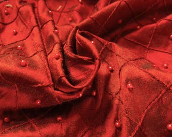 High End 100% Silk Dupioni~Deep Dk. Red~Windowpane Design with Matching pearls.~12"x27"~Doll Fabric
