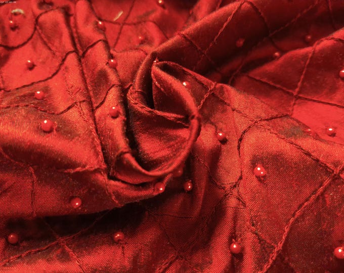 High End 100% Silk Dupioni~Scarlet~Windowpane Design with Matching pearls.~12"x27"~Doll Fabric