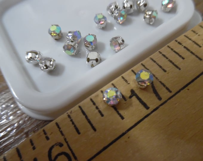 Aurora Borealis Rhinestone buttons/embellishments~Silver Setting~4MM~Set of 15~ Dolls~Flappers