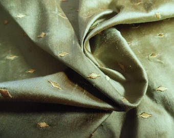 Embroidered Dupioni Silk~Micro Gold Diamonds on Sage Green~12"x22"~Doll Fabric
