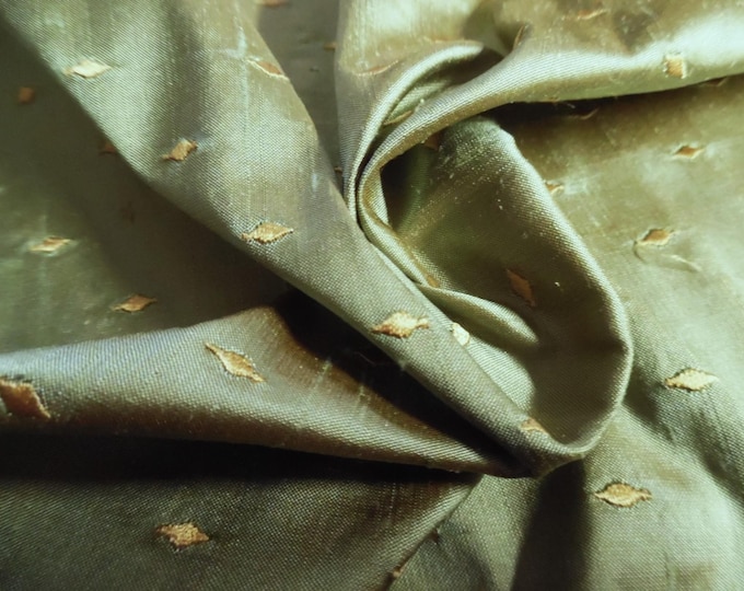 Embroidered Dupioni Silk~Micro Gold Diamonds on Sage Green~12"x22"~Doll Fabric