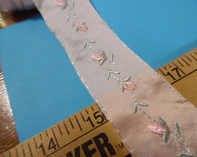 Embroidered Nylon Tricot Insertion~Tiny Pink Rosebuds on Pink~1.75"wide~By The Yard~Doll Trim