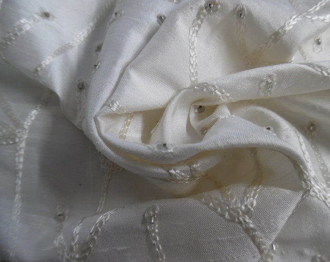 CLEARANCE! Embroidered Silk Dupioni with Beading~Alabaster/Silver~15"x44"~Doll Fabric~Modern to Antique Dolls~Flapper