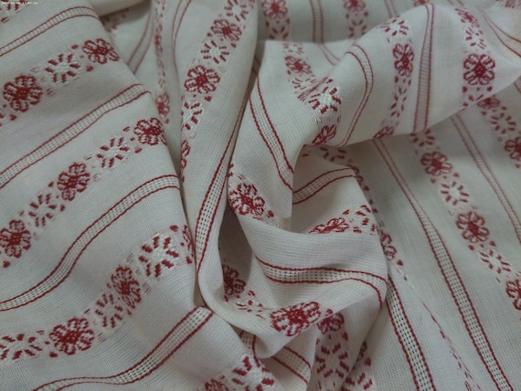 Vintage Embroidered Cotton~Floral Leno Stripes~Red/White~15"x45"