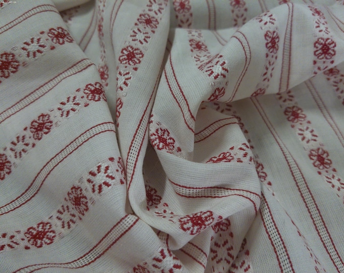 Vintage Embroidered Cotton~Floral Leno Stripes~Red/White~15"x45"~2 Piece Remnant Lot