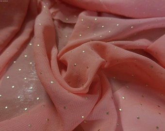 Sheer Chiffon~Flamingo Pink~Micro Embossed Dots in Gold~12"x58"~Doll Fabric~Great For Overlays