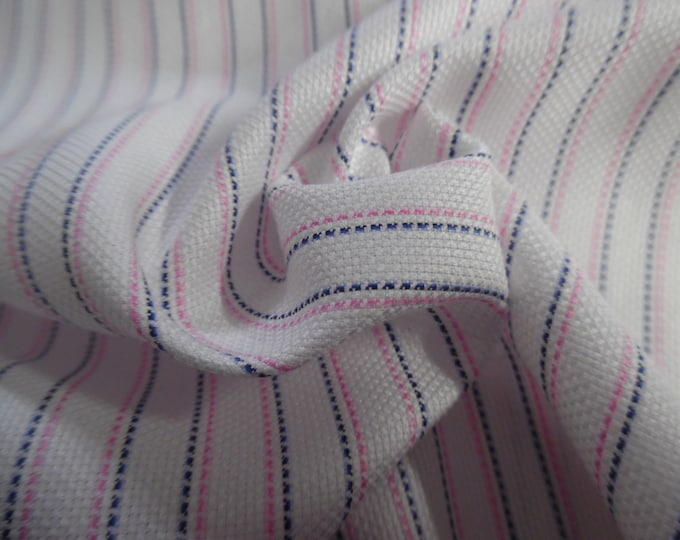Light Weight Cotton Pique~Basketweave~Stripes of Blue & Pink on White~12"x30"~Doll Fabric