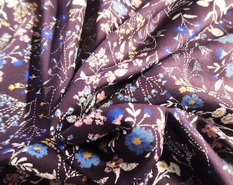 BASEMENT BARGAIN! Rayon Challis~Floral Sprays~Lavender/Blue/White on Dark Plum~18"x28"~Doll Fabric~Flapper