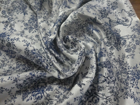 100% Silk Brocade~Miniature Scale~Toile Print~Navy Blue/White~19"x20"~Japan