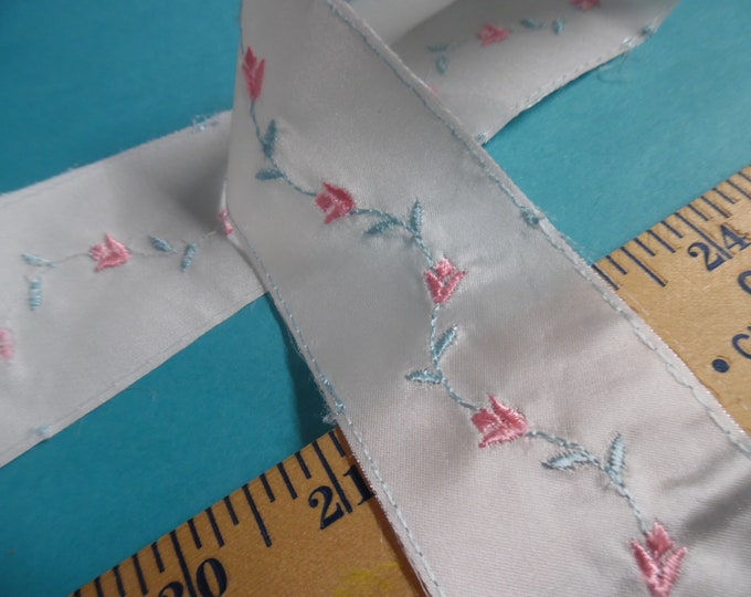 CLEARANCE! Embroidered Satin Insertion~Tiny Floral of pink and aqua on White~2"wide~By The Yard~Doll Trim