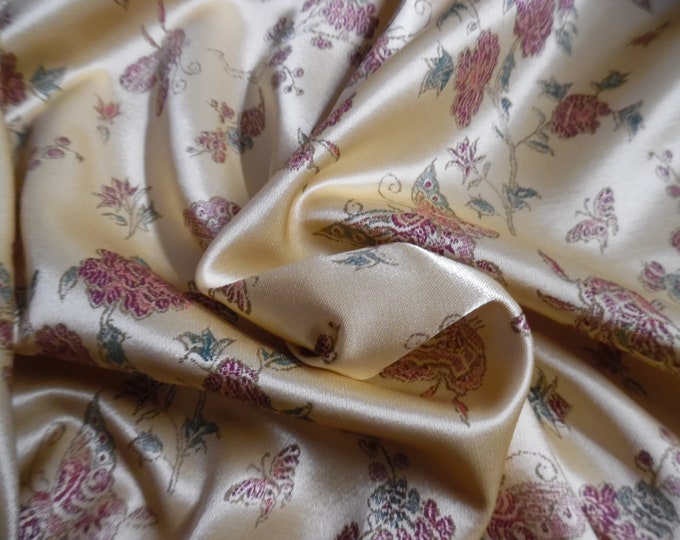 NEW ARRIVAL! Jacquard Satin Brocade~Floral Butterflies~Wine/Jade/Golden Cream~Rayon~Soft/Silky Hand~18"x29"