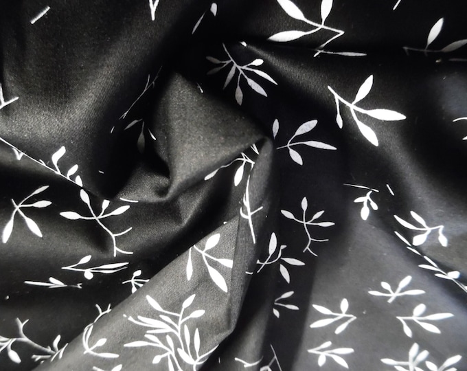 Cotton Sateen Lawn~White Leaf Print on Jet Black~18"x29"~Very Light Weight