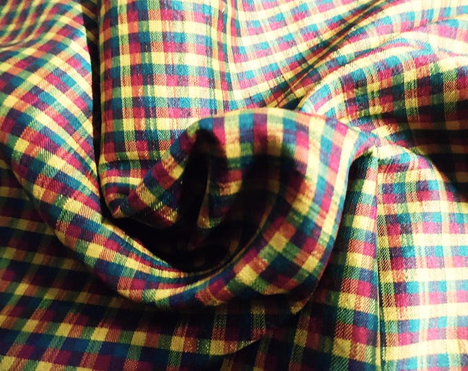 Vintage Sari Silk~Tiny Plaid~Wine/Hunter/Gold~18"x20"~Miniatures/Dolls