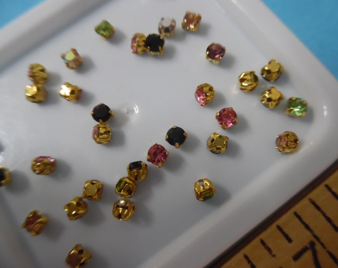 Tiny Multi colored rhinestone buttons/embellishments~Gold Setting~3MM~Set of 40~Dolls~Flapper