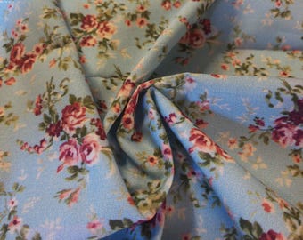Cotton Poplin~Scattered Roses~Berry Pink/Green on Sky Blue~18"x30"