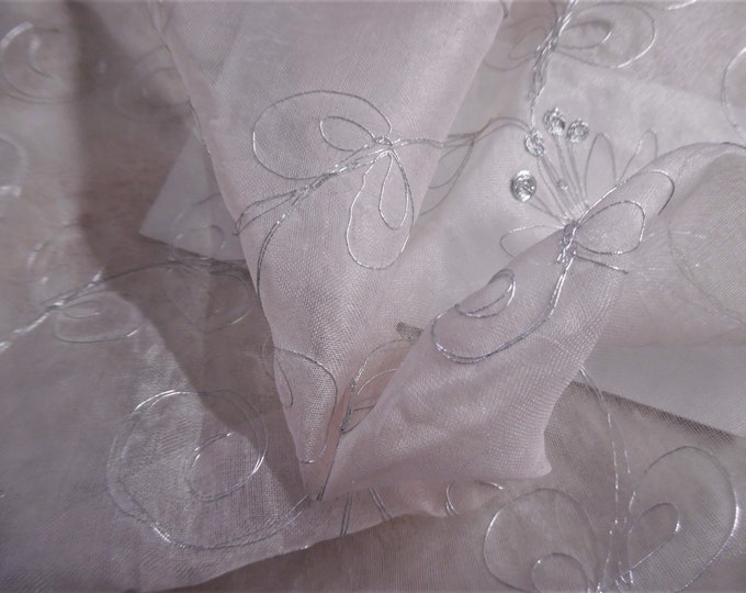 Embroidered Silk Organza~Metallic Silver on Light Pink~12"x44"~Sheer~Crisp~Doll Fabric