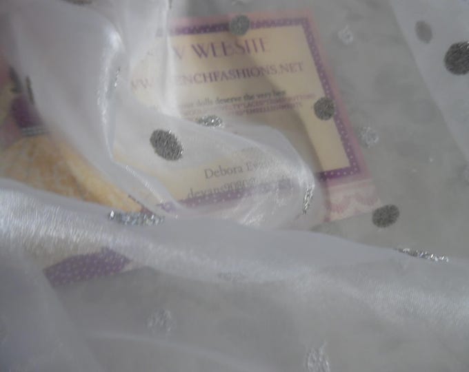 BASEMENT BARGAIN! Embroidered Organza~Metallic Silver Dots on White~Crisp/Sheer~18"x56"~Overlays