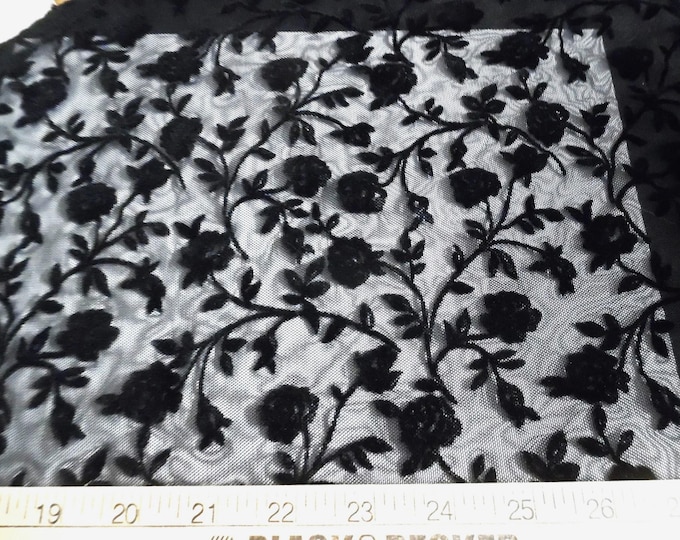Soft Netting~Nylon~Sheer~Small Rose Vines in Flocked Velvet~12"x48"~Doll Fabric~Great For Overlays