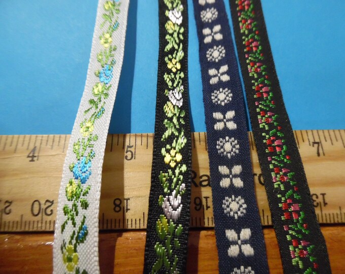 Vintage Jacquard Narrow Ribbon Assortment~4 Styles~8 Yards