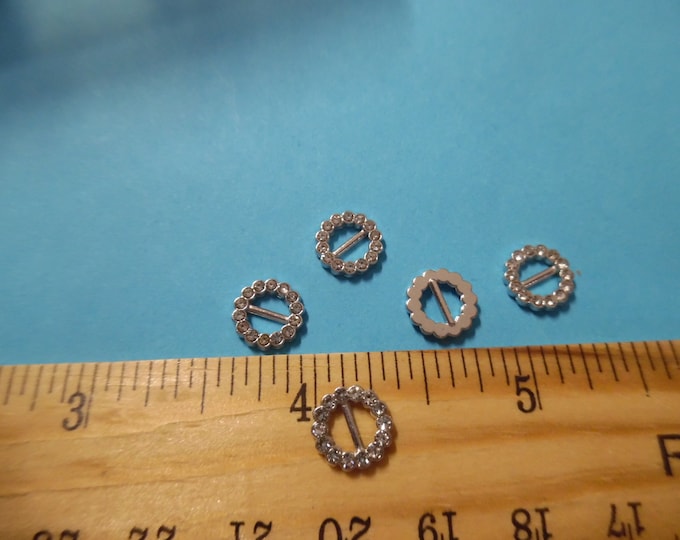 NEW SUPPLIER! Tiny Rhinestone Doll Buckles~3/8" Round Silver Setting~Set of 4~Great for Barbie!