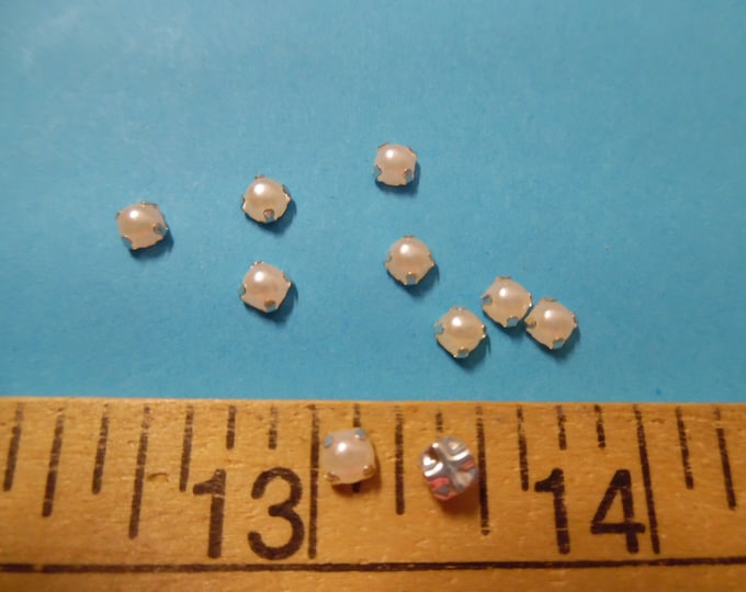 Tiny flat back pearl buttons~Sew On~Silver setting~4MM~Set of 10~Doll Buttons