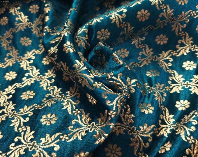 LAST! Silk Blend Satin Brocade~India~Metallic Gold/Teal~Small Grid Design~10"x22"