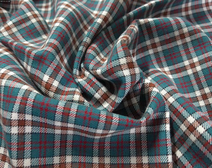 Cotton/Wool Flannel~Vivella~Small Plaid~Teal/Wine/White~Portugal Import~12"x30"