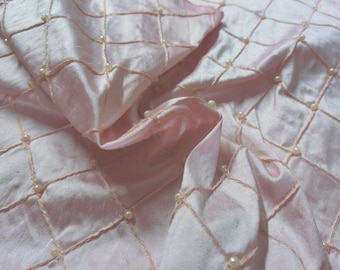 High End 100% Silk Dupioni~Baby Pink~Windowpane Design with Matching pearls.~13"x25"~Doll Fabric