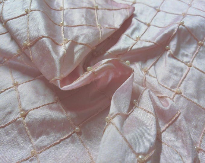High End 100% Silk Dupioni~Baby Pink~Windowpane Design with Matching pearls.~13"x25"~Doll Fabric