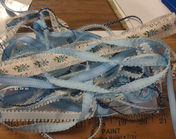 Ribbon/Trim Bundle~Shades Blue~8 Styles~13 Yards~1/8"-1"~Doll Dress and Hat Trim