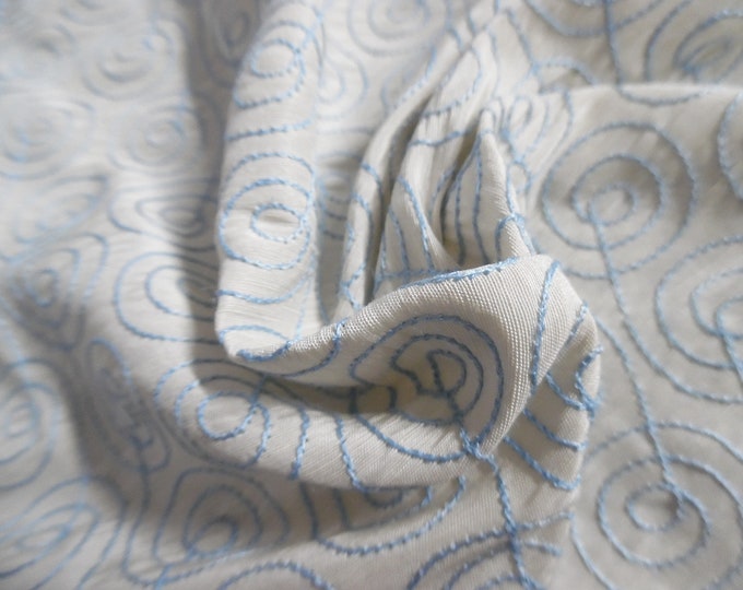 Embroidered Silk Suiting~Swirls~Blue on Cream~12"x26"~Doll Fabric~Flapper