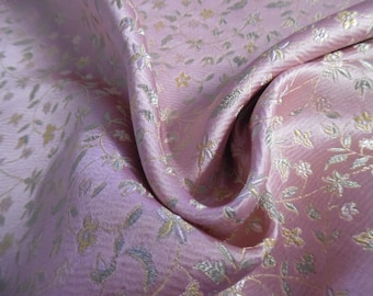 Vintage Silk Brocade~Tiny Floral Vines~Gold/Mint/Pearl on Pink Background~9"x30"