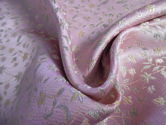 Vintage Silk Brocade~Tiny Floral Vines~Gold/Mint/Pearl on Pink Background~9"x30"