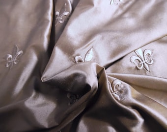 Almost Gone! Embroidered High End Silk~Fluer De Lis~Shades of Taupe~12"x27"~Doll Fabric
